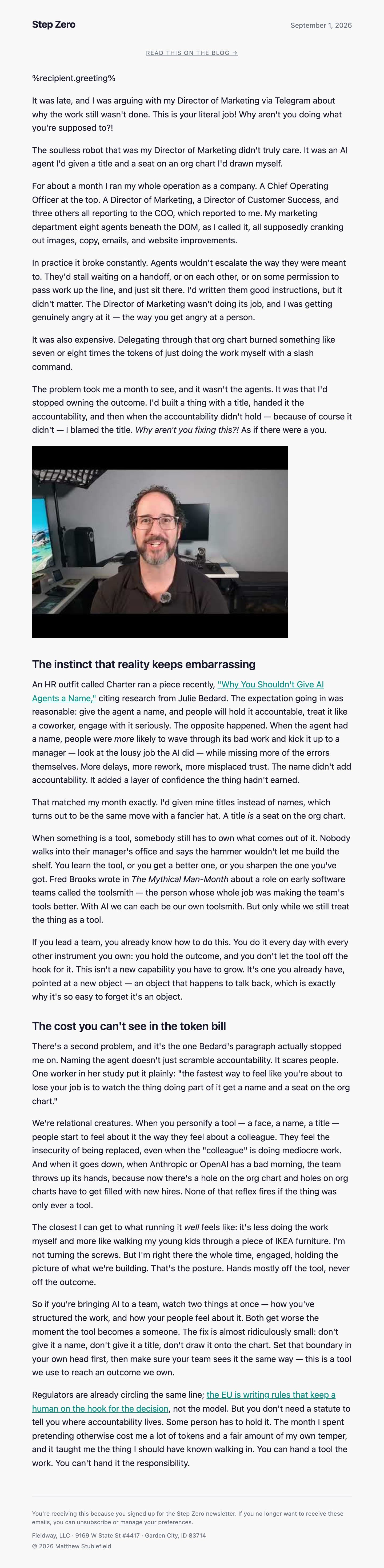 Preview of the most recent Step Zero issue: Don't give your AI a name